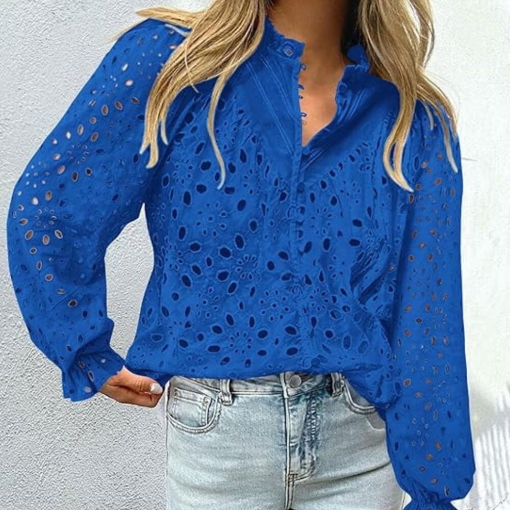 Blue‎ Eyelet Boho Blouse 1X Cotton Unlined NWT Long Sleeve Top